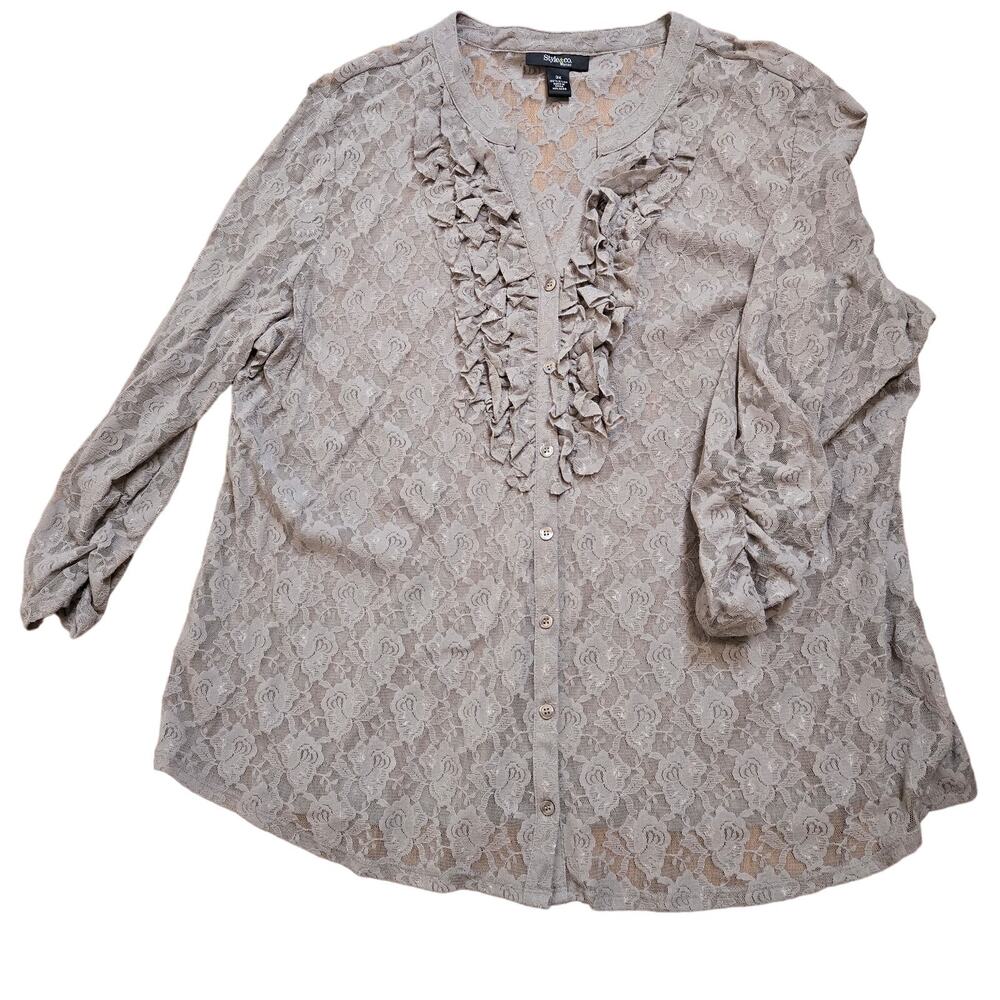 Style & Co-Taupe Stretch Nylon V-Neck 3/4 Sleeve Lace Blouse Sheer Size 3X